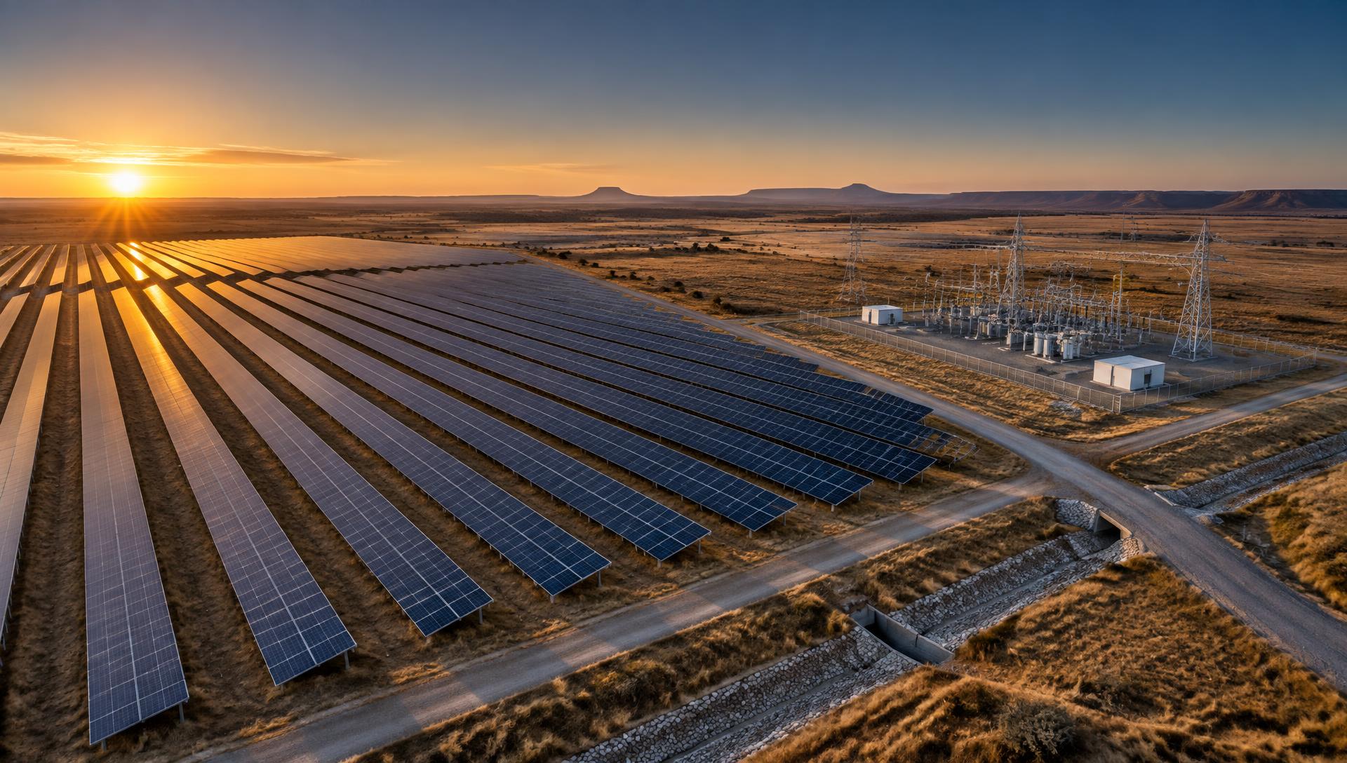 Aerial view of a utility-scale solar plant with adjacent substation and access roads